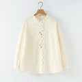 Buddha Stones Fall Ruffled Collar Embroidered Relief Flower Buttons Women's Cotton Long Sleeve Shirt