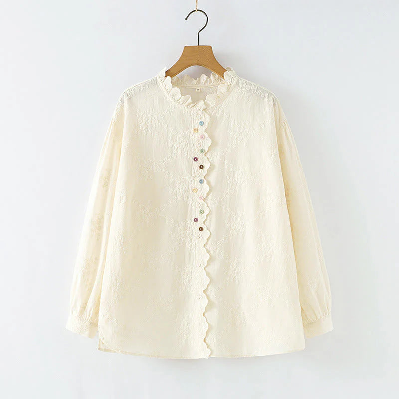 Buddha Stones Fall Ruffled Collar Embroidered Relief Flower Buttons Women's Cotton Long Sleeve Shirt