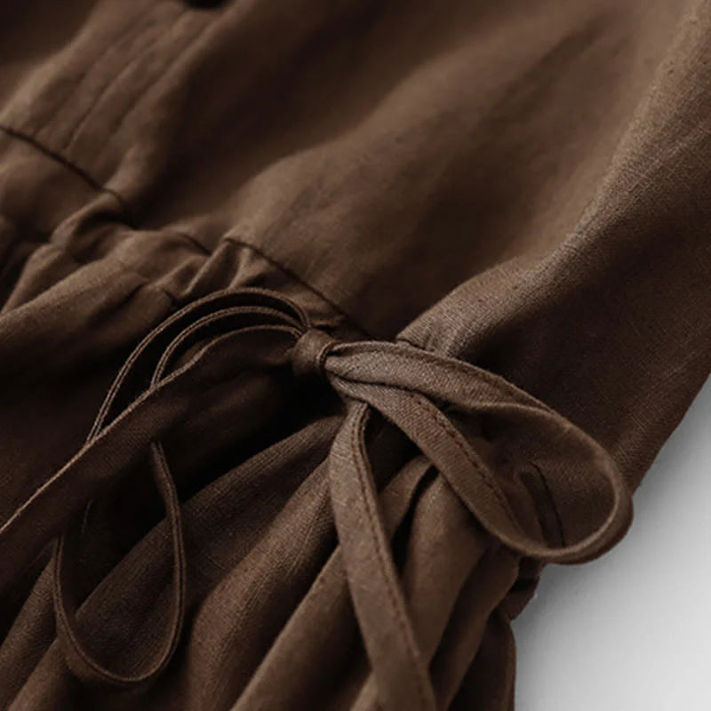 Buddha Stones Vintage Casual Solid Color Pleat Drawstring Design Half Sleeve Cotton Linen Midi Dress With Pockets