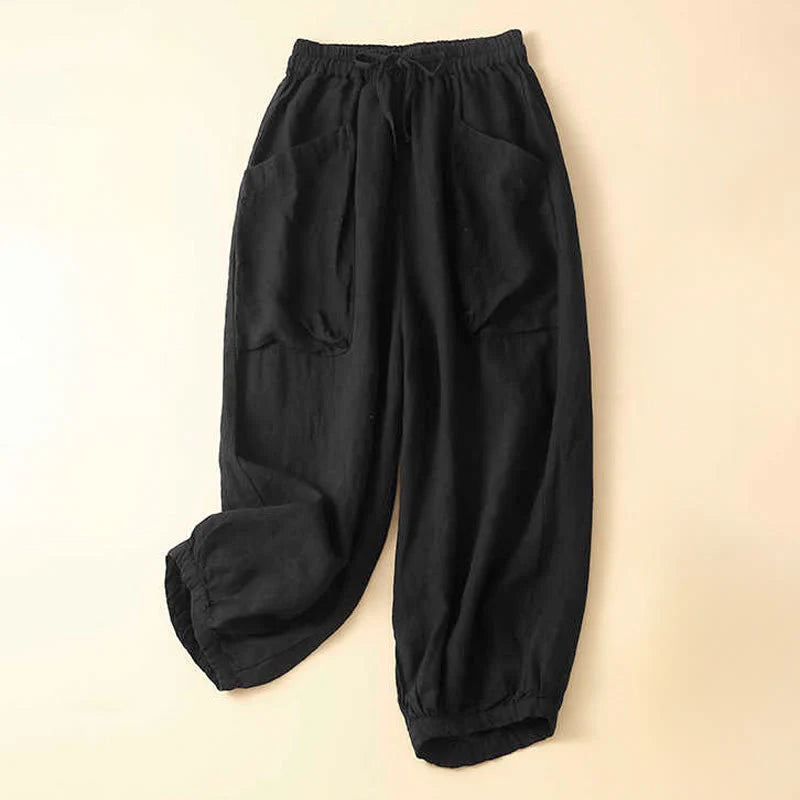 Buddha Stones Commute Women's Plain Harem Capri Cotton Pants With Pockets