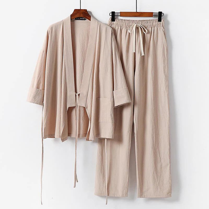 Buddha Stones 2Pcs Lace-up Cotton Kimono Pants With Pockets Men's Meditation Cloth Set