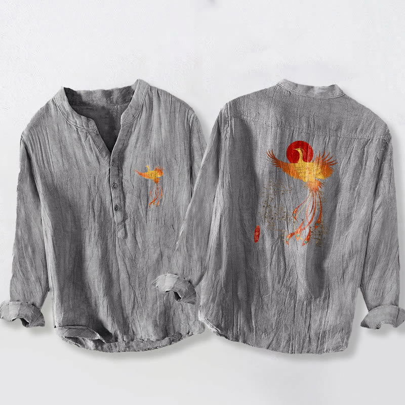 Buddha Stones Phoenix Clouds Red Sun Pattern Half Buttons Men's Cotton Linen Long Sleeve Shirt