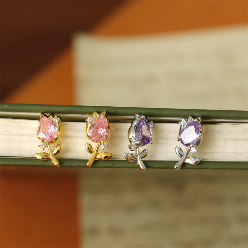 Buddha Stones Pink Purple Tulip Zircon Copper Healing Stud Earrings