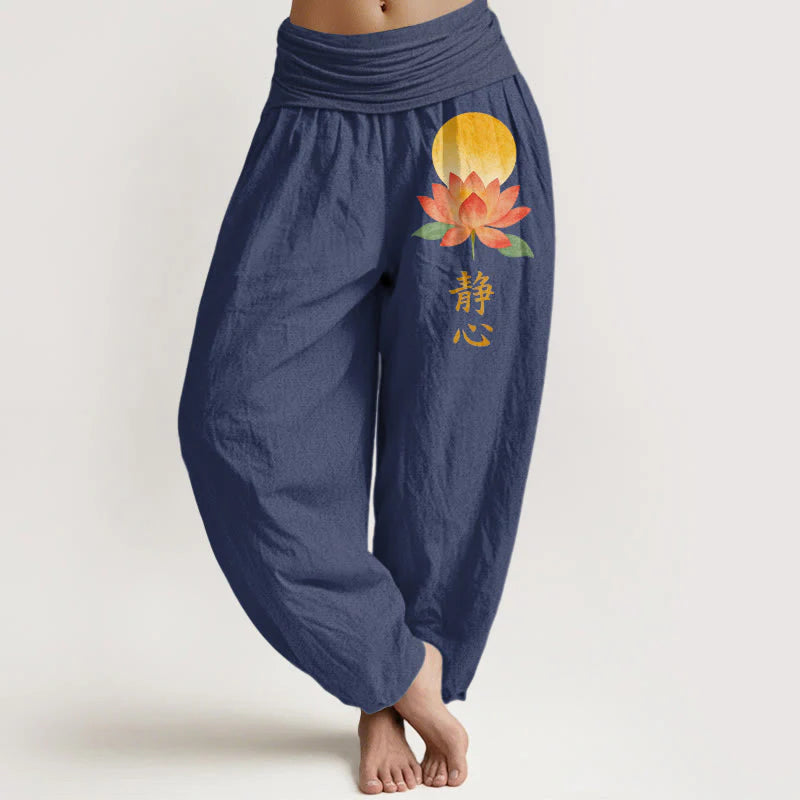 Buddha Stones Cotton Full Moon Lotus Flower Pattern Women's Elastic Waist Harem Pants