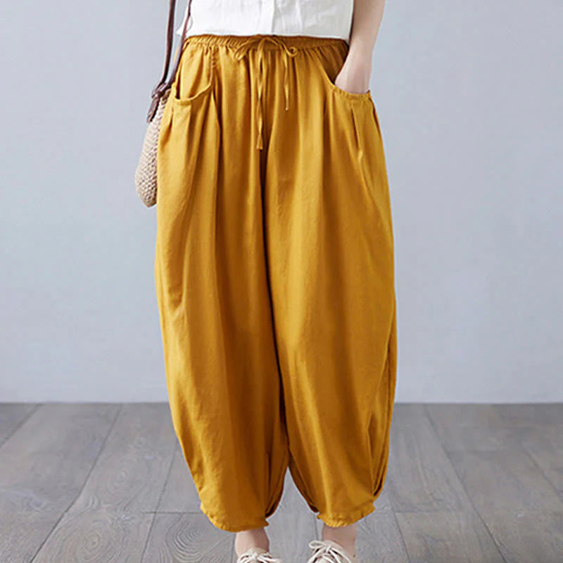 Buddha Stones Summer Plain Cropped Pants Women's Cotton Linen Harem Pants With Pockets