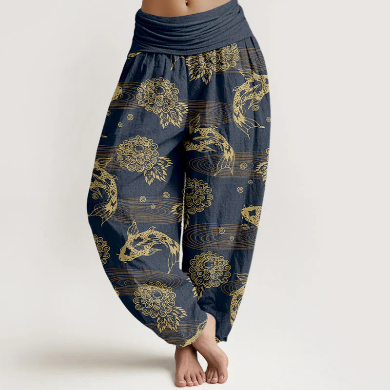 Buddha Stones Cotton Exquisite Koi Fish Flowers Leaves Curve Pattern Women's Elastic Waist Harem Pants
