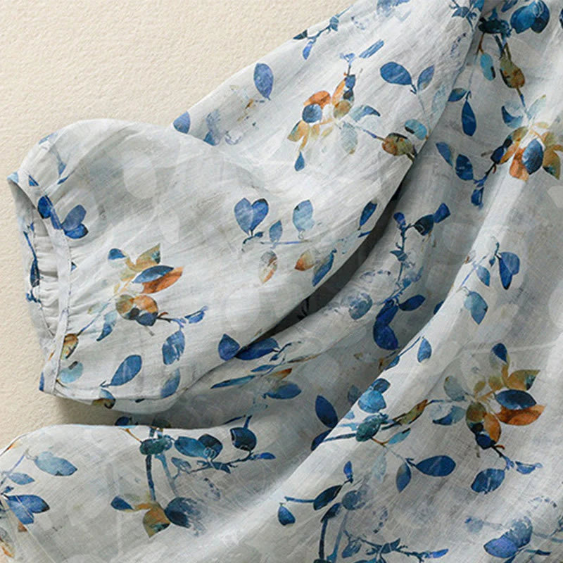 Buddha Stones Blue Floral V-Neck Three Quarter Sleeve Women's Cotton Shirt