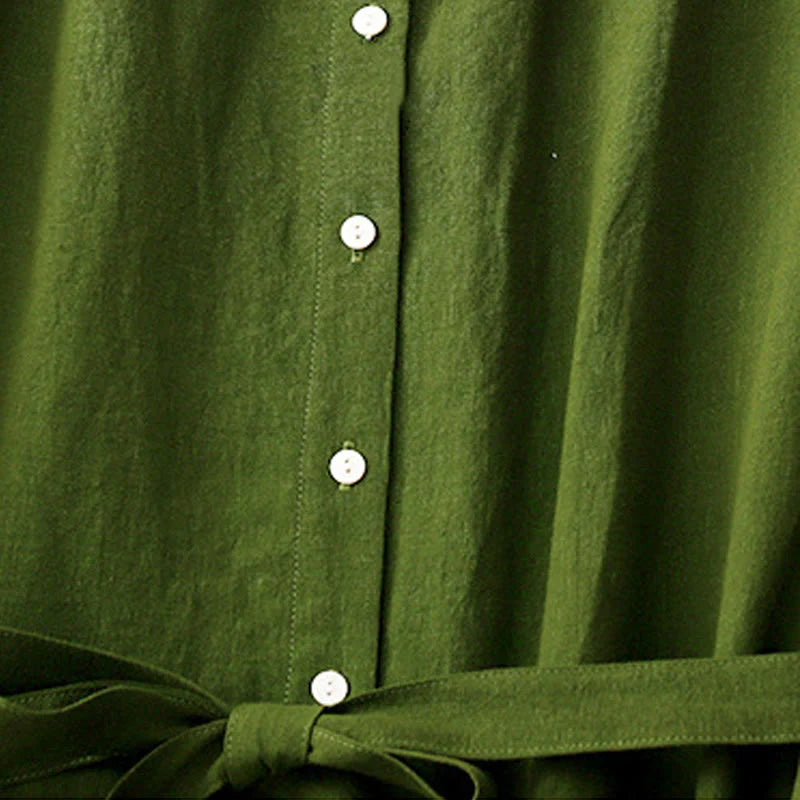 Buddha Stones Summer Plain Lace-up Button Front Design Lapel Sleeveless Cotton Midi Dress Cardigan