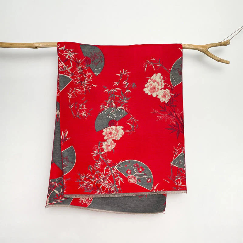 Buddha Stones Winter Fan Bamboo Peony Flowers Pattern Cozy Scarf Shawl