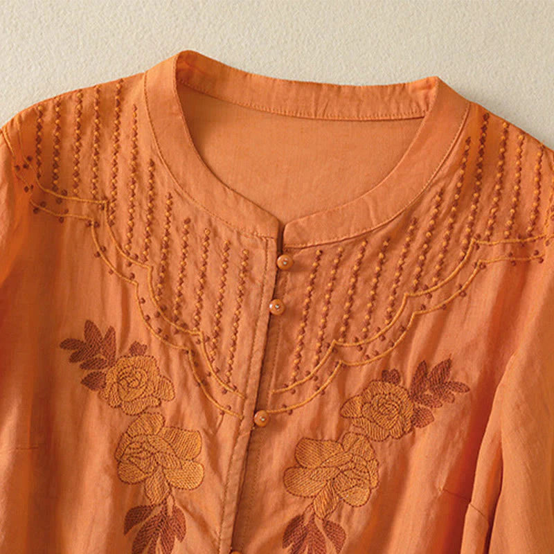 Buddha Stones Rose Floral Embroidery Button Half Sleeve Women's Cotton Shirt