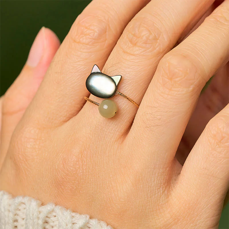 Buddha Stones Black Tridacna Stone Cat Jade Blessing Adjustable Ring