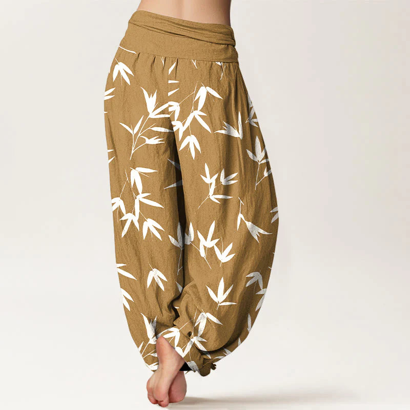 Buddha Stones Pure Cotton Simple Elegant Bamboo Leaf Pattern Women's Elastic Waist Harem Pants