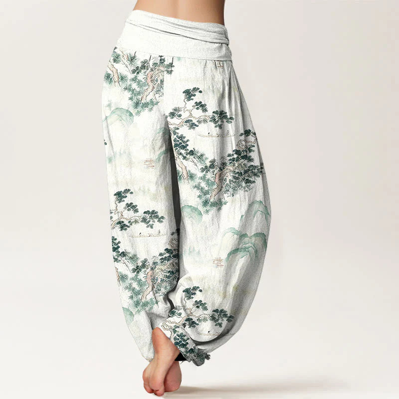 Buddha Stones Print Pine Trees Mountains Pattern Pure Cotton Women's Elastic Waist Harem Pants