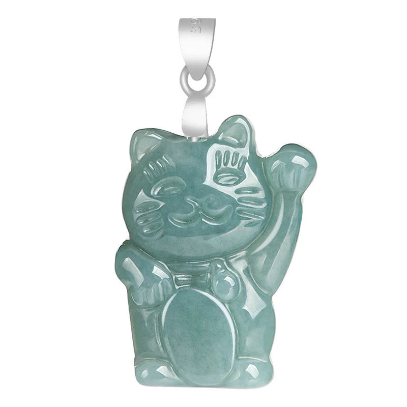 Buddha Stones Natural Jade Lucky Cat Abundance Titanium Steel Necklace Pendant
