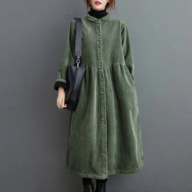 Buddha Stones Plain Buttons Long Sleeve Women's Cotton Corduroy Fleece-Lined Coat With Pockets