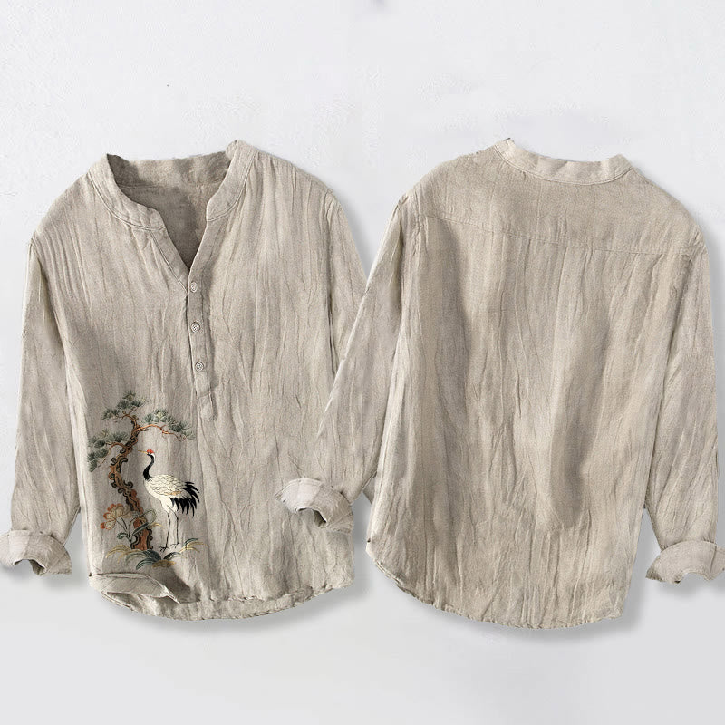 Buddha Stones Cranes Pine Tree Pattern Half Buttons Cotton Linen Men's Long Sleeve Shirt
