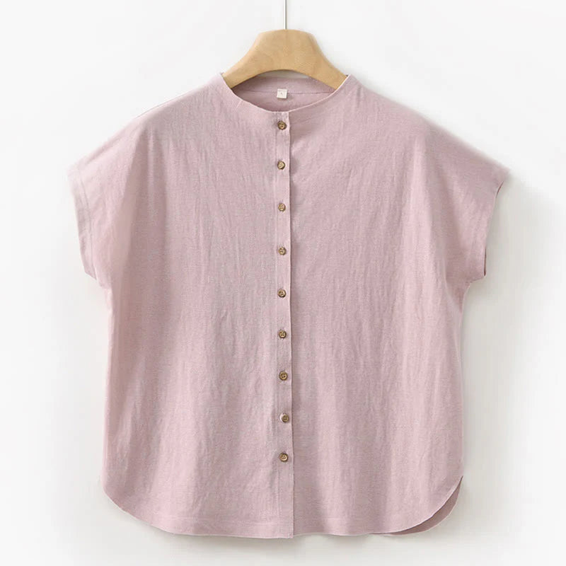 Buddha Stones 2Pcs Buttons Short Sleeve Shirt Top Skirt With Pockets Meditation Cotton Women's Set