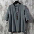 Buddha Stones Frog-Button Plain Color Chinese Tang Suit Half Sleeve Shirt Linen Men Clothing