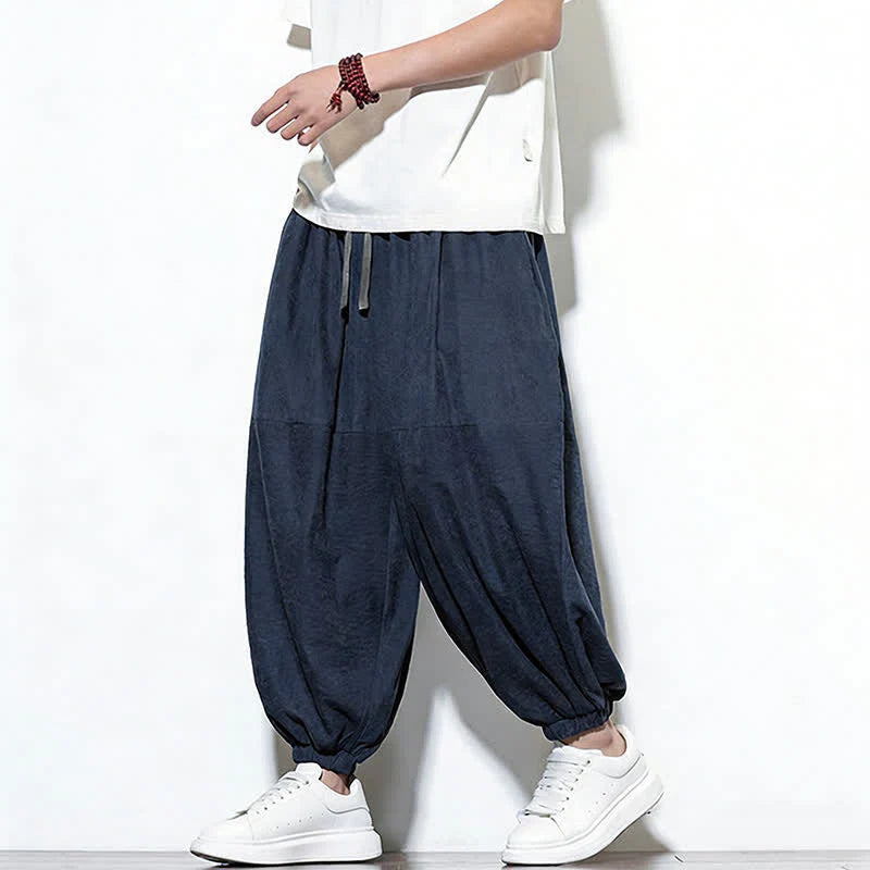 Buddha Stones Spring Solid Color Drawstring Cropped Men's Harem Cotton Pants With Pockets
