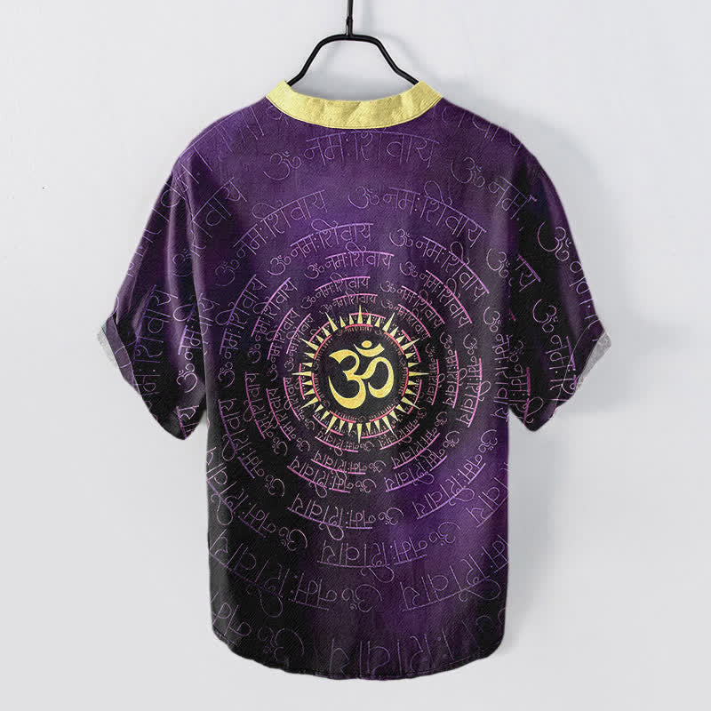 Buddha Stones Cotton Om Mantra Emblem Men's Short Sleeve Half Button Shirt