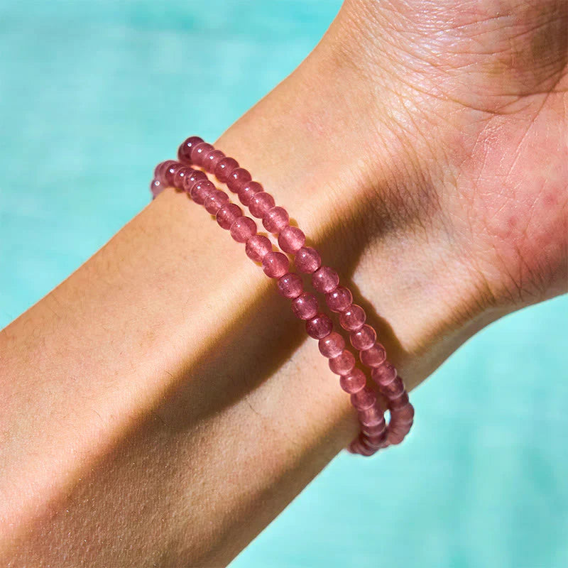 Buddha Stones Natural Strawberry Quartz Pearl Butterfly Water Drop Positive Double Wrap Bracelet