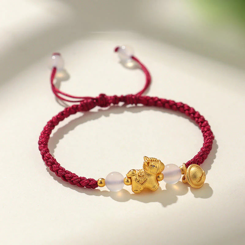 Buddha Stones Year Of The Horse Red String White Agate Connection Braided Bracelet