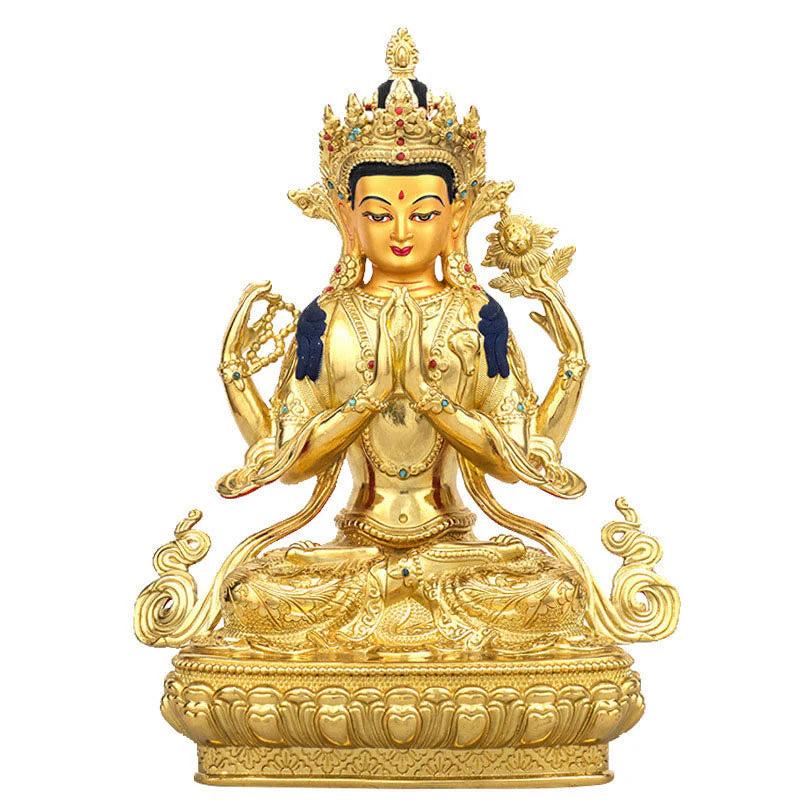 Buddha Stones Chenrezig Four-armed Avalokitesvara Protection Copper Gold Plated Statue Decoration