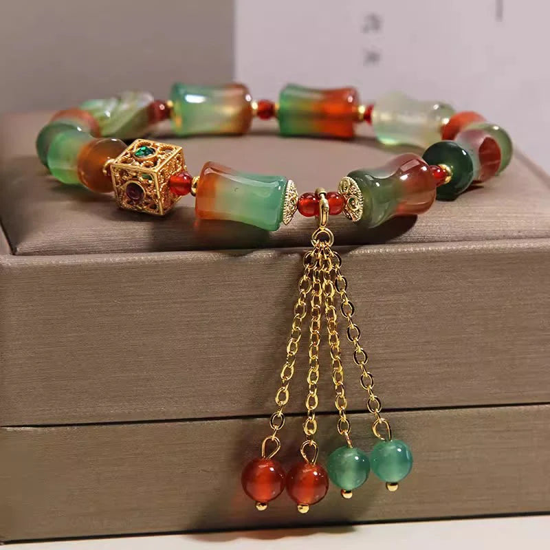 Buddha Stones Colorful Peacock Agate Bamboo Beads Tassel Courage Bracelet