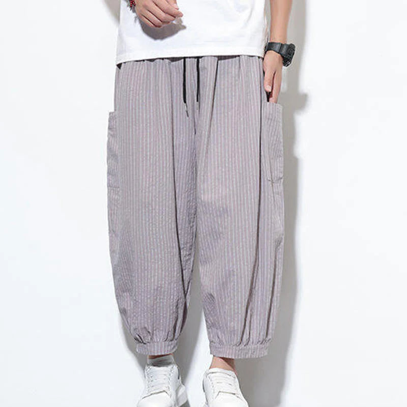 Buddha Stones Casual Striped Men's Cotton 7-8 Length Harem Pants With Pockets