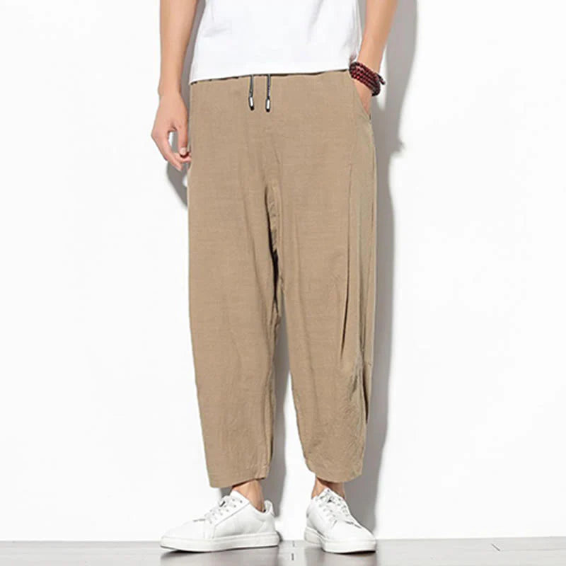 Buddha Stones Summer Men's 7-8 Length Cotton Linen Carrot Pants With Pockets