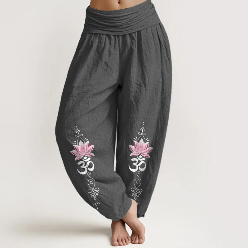 Buddha Stones Cotton OM Sanskrit Design Lotus Flower Pattern Women's Elastic Waist Harem Pants