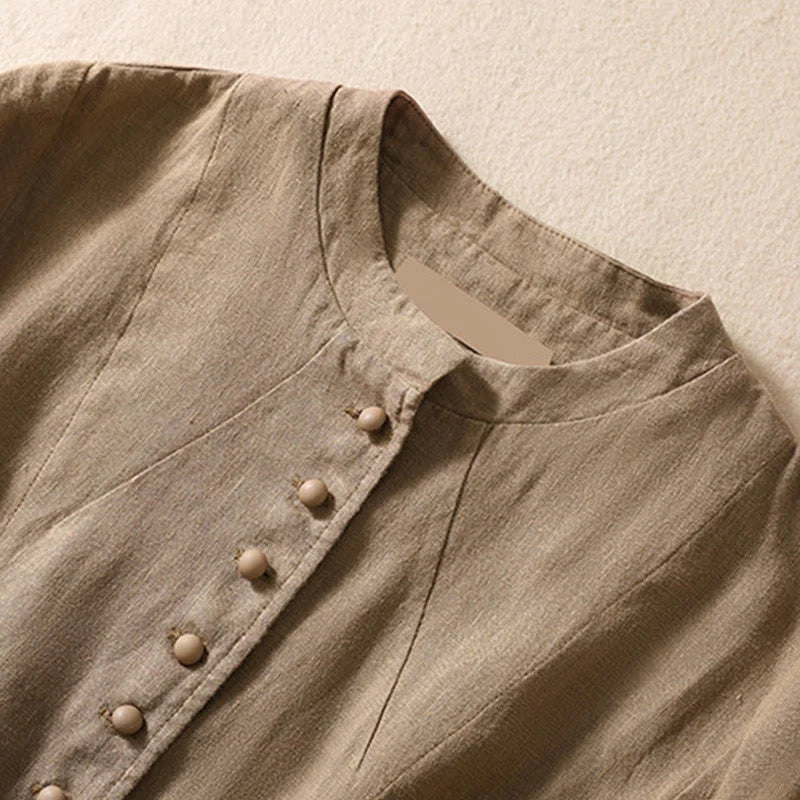 Buddha Stones Women's Cotton Linen Stand Collar Long Sleeve Shirt With Pockets