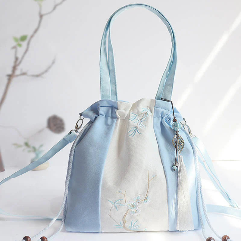 Buddha Stones Embroidered Grass Flowers Cherry Blossom Canvas Tote Crossbody Bag Shoulder Bag Handbag
