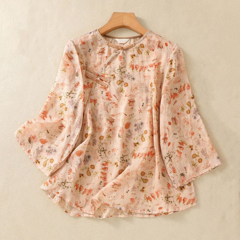 Buddha Stones Summer Casual Printing Frog-Button Design Women's Cotton Linen Long Sleeve Shirt