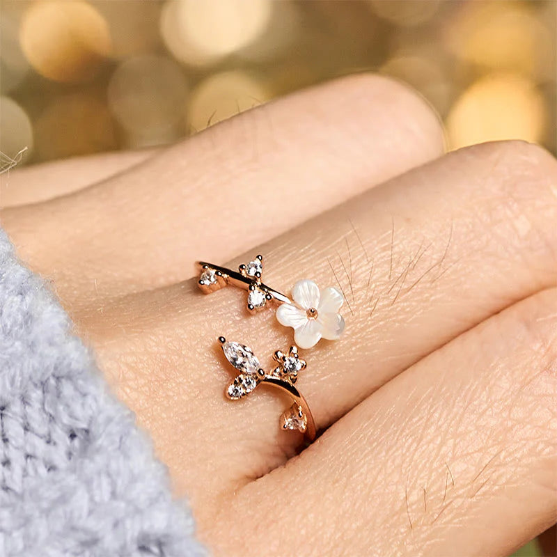 Buddha Stones 925 Sterling Silver White Flower Design Adjustable Blessing Ring