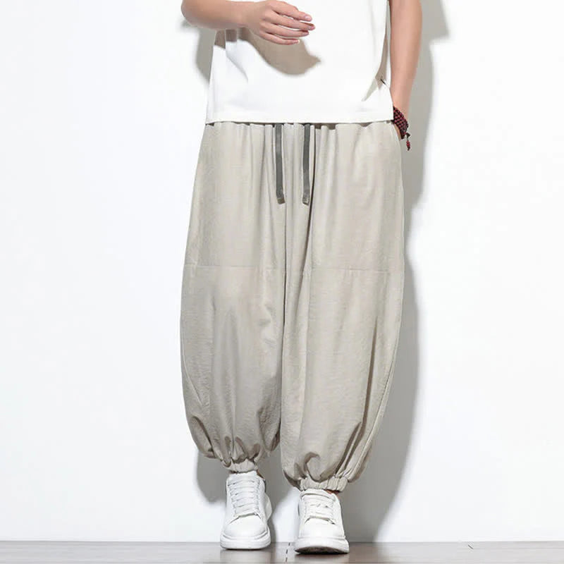 Buddha Stones Spring Solid Color Drawstring Cropped Men's Harem Cotton Pants With Pockets