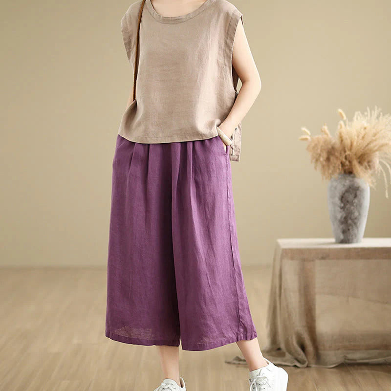 Buddha Stones Summer Solid Color Patchwork Simple Design Women's Cotton Wide Leg Cropped Pants With Pockets