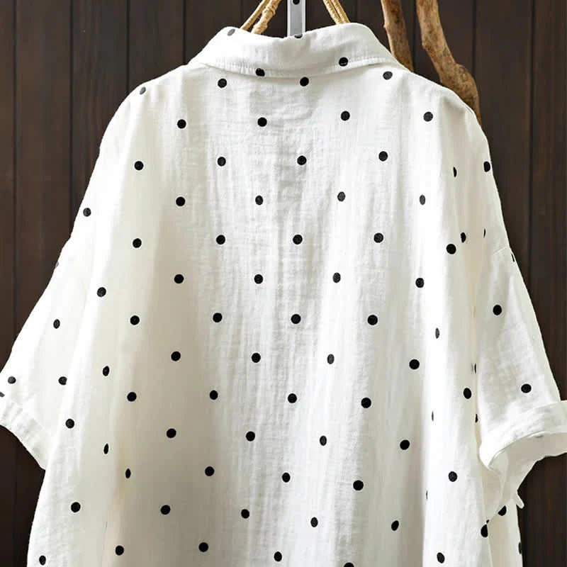 Buddha Stones Women's Commute Short Sleeve Polka Dot Lapel Cotton Shirt With Pockets