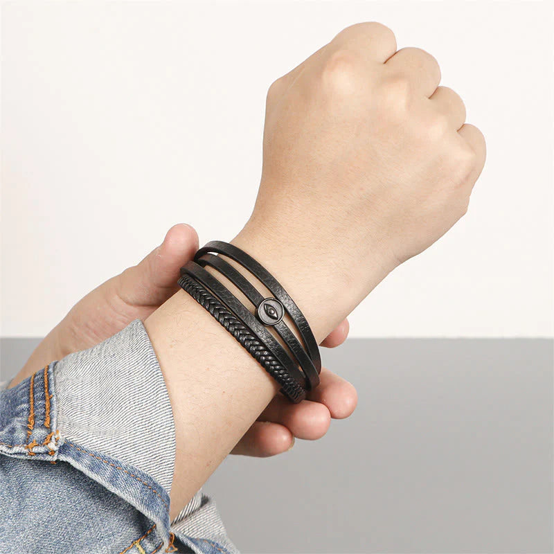 Buddha Stones Evil Eye Multilayered Braided Leather Balance Bracelet