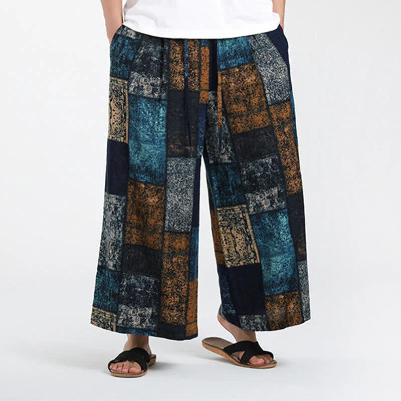 Buddha Stones Summer Patchwork Design 7-8 Length Men's Wide Leg Pants With Pockets