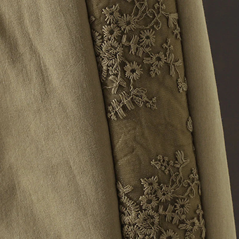 Buddha Stones Flower Pattern Cotton Polyester Embroidery Thick Women's Pants With Pockets