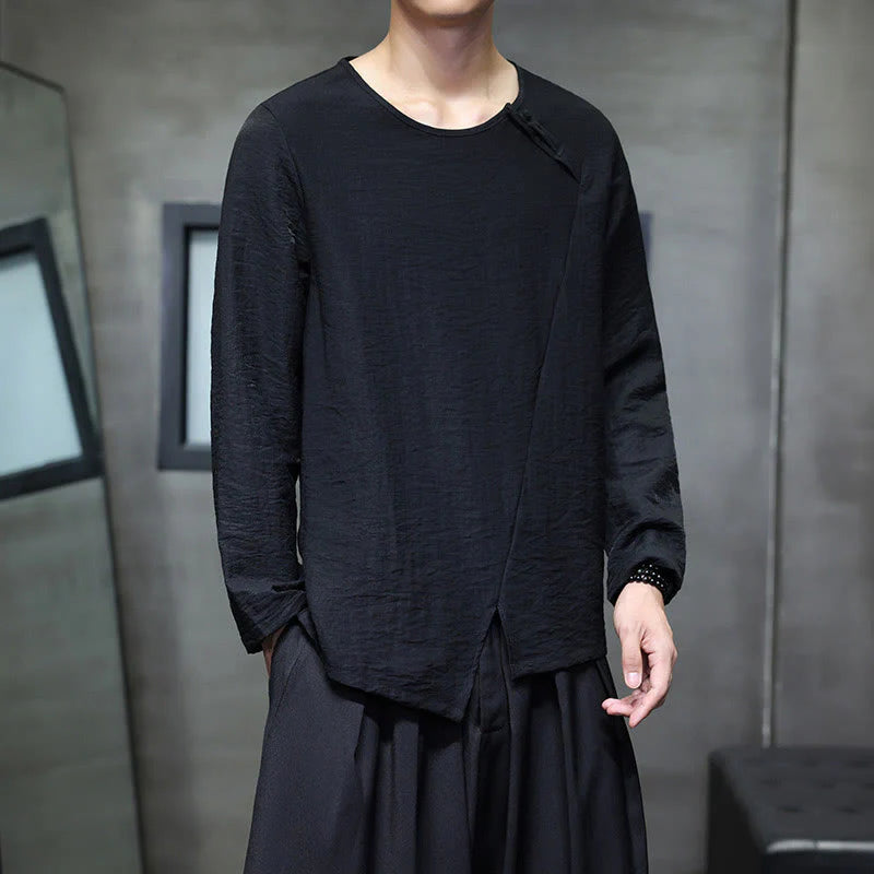 Buddha Stones Solid Color Loose Long Sleeve Round Neck Men's Shirts