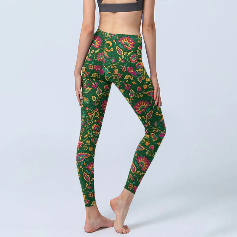 Buddha Stones Brightly Colored Flower Leaf Pattern Gym Leggings Women's Yoga Pants