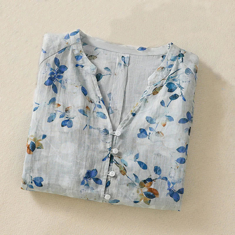 Buddha Stones Blue Floral V-Neck Three Quarter Sleeve Women's Cotton Shirt