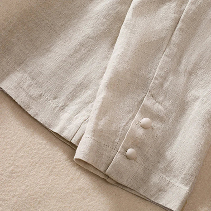 Buddha Stones Women's Cotton Linen Stand Collar Long Sleeve Shirt With Pockets
