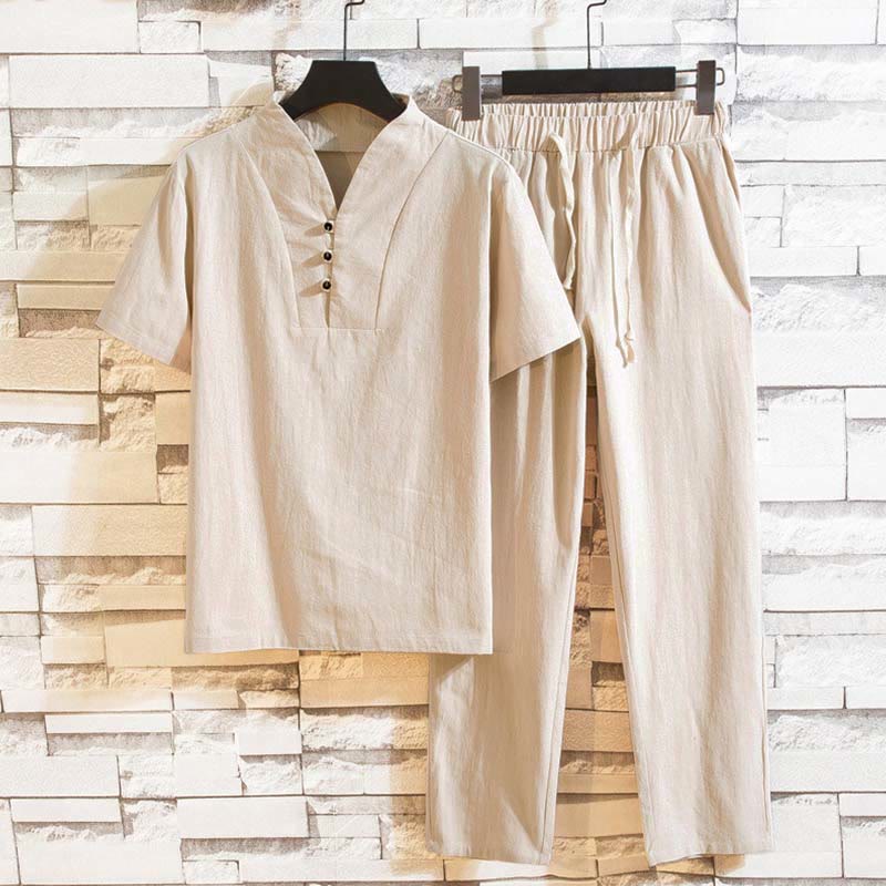 Buddha Stones 2Pcs Solid Color Cotton Button Short Sleeve T-shirt Pants Men's Set