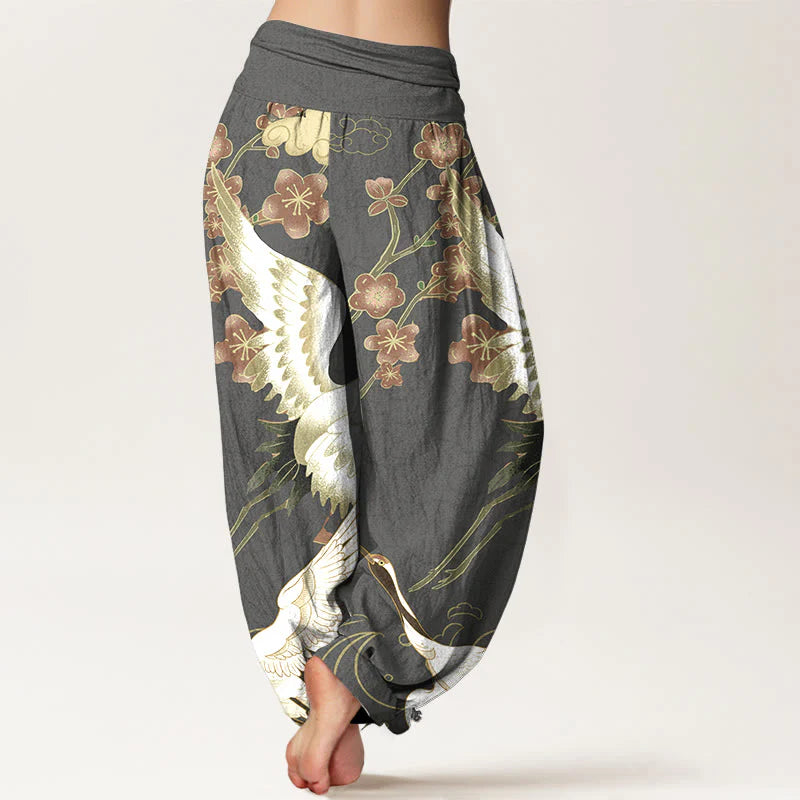 Buddha Stones Pure Cotton Cranes Flowers Clouds Patterns Women's Elastic Waist Harem Pants