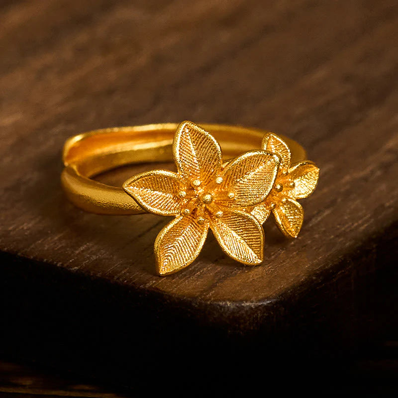 Buddha Stones Lilac Flower Adjustable 24k Gold Plated Copper Brass Ring