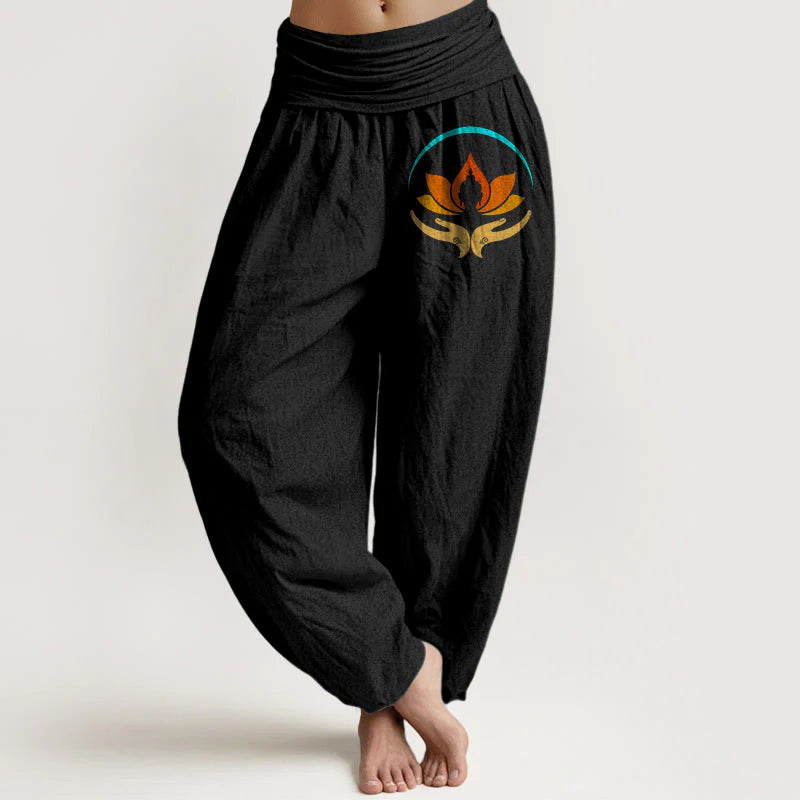 Buddha Stones Lotus Buddha Symbol Pattern Elastic Waist Women's Harem Pure Cotton Pants