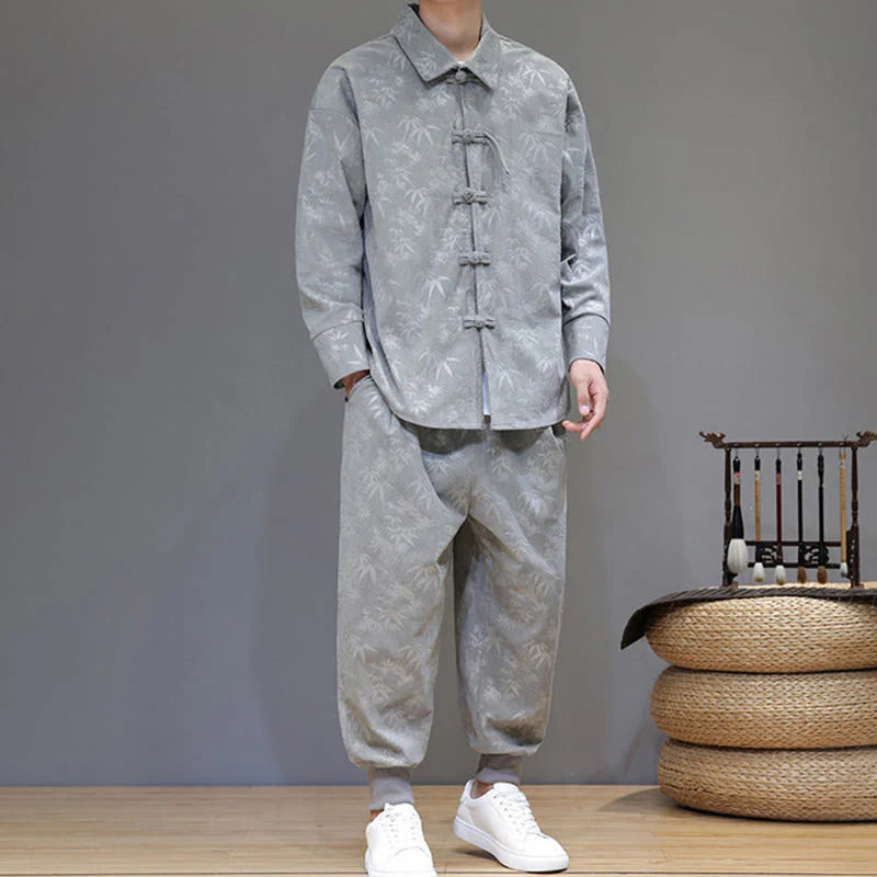 Buddha Stones 2Pcs Winter Thick Bamboo Men's Tang Suit Frog-Button Cotton Corduroy Long Sleeve Jacket Pants Set With Pockets